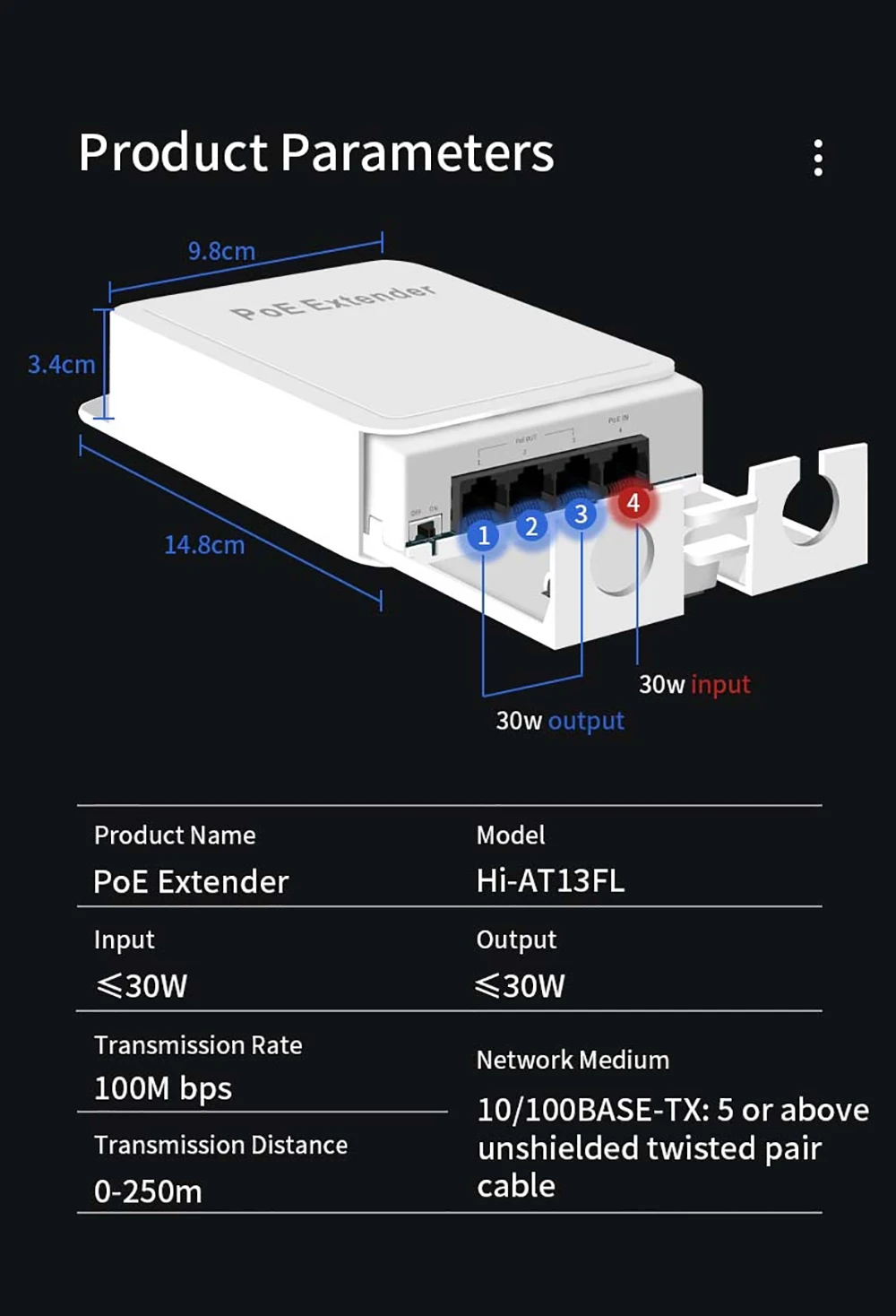 Waterproof POE Extender Repeater 4 Port 100/1000Mbps Outdoor Network IP55 VLAN 44-57V for POE Camera Wierless AP