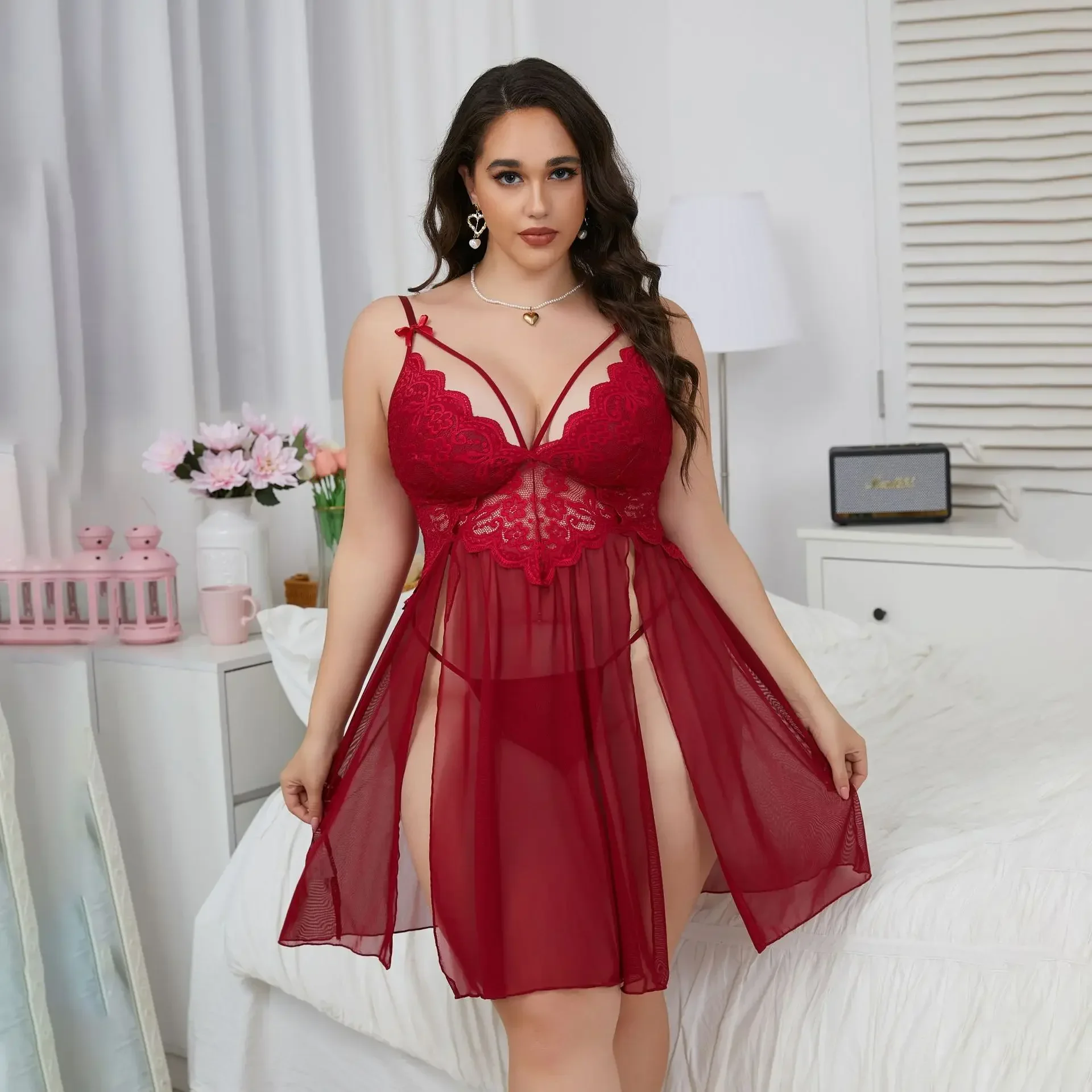 369bibi セクシーなシアーメッシュランジェリードレス - ハートプリントの蝶ネクタイネックライン、純粋で無邪気なエロティックなパジャマ、ホットをキャッチするあえて