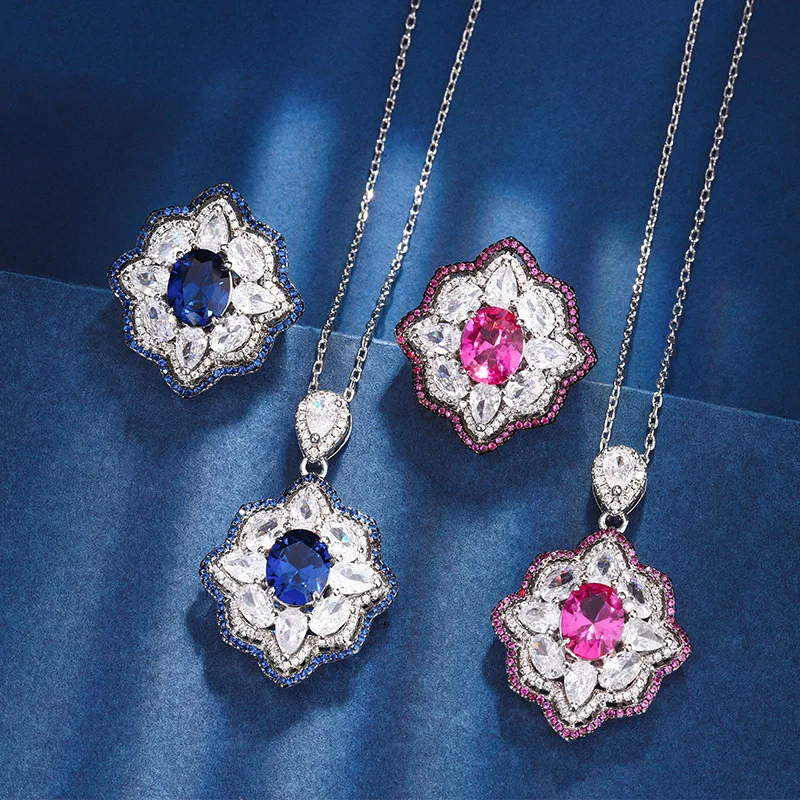 

Jewelry set with gold-plated red corundum, sapphire blue spinel, and high-grade black gold for women, 8*10
