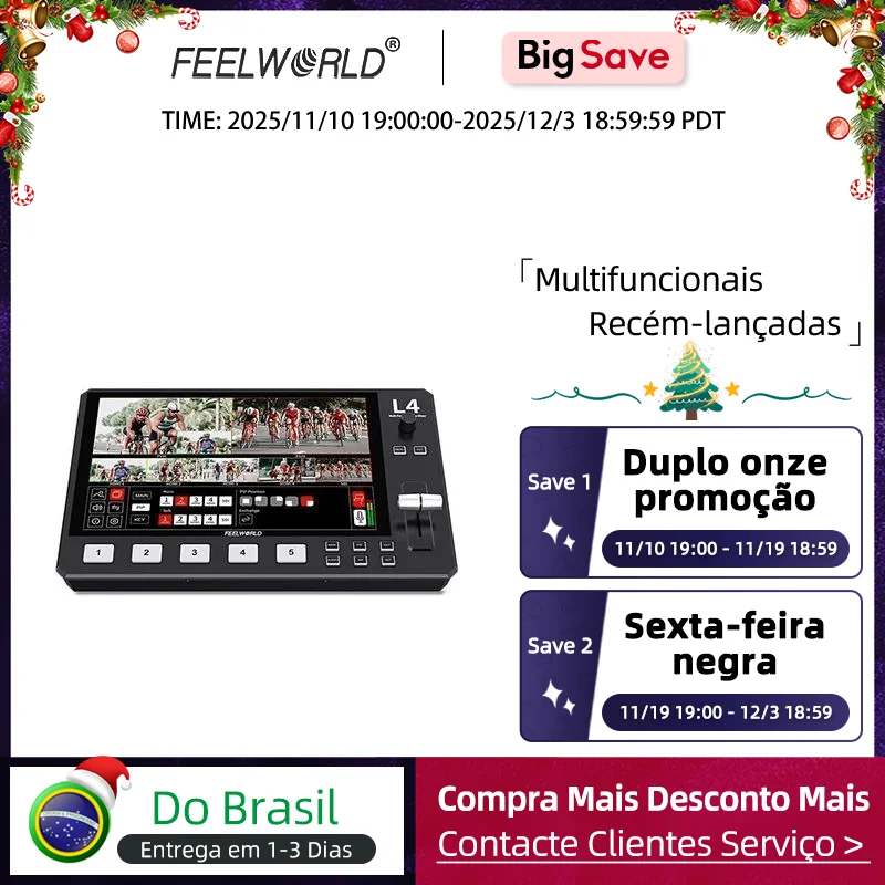 Switcher de mixagem de vídeo multi-câmera FEELWORLD-L4, tela sensível ao toque de 10,1 ", USB 3.0, HMDI, SDI, saída PUT, transmissão rápida para YouTube a