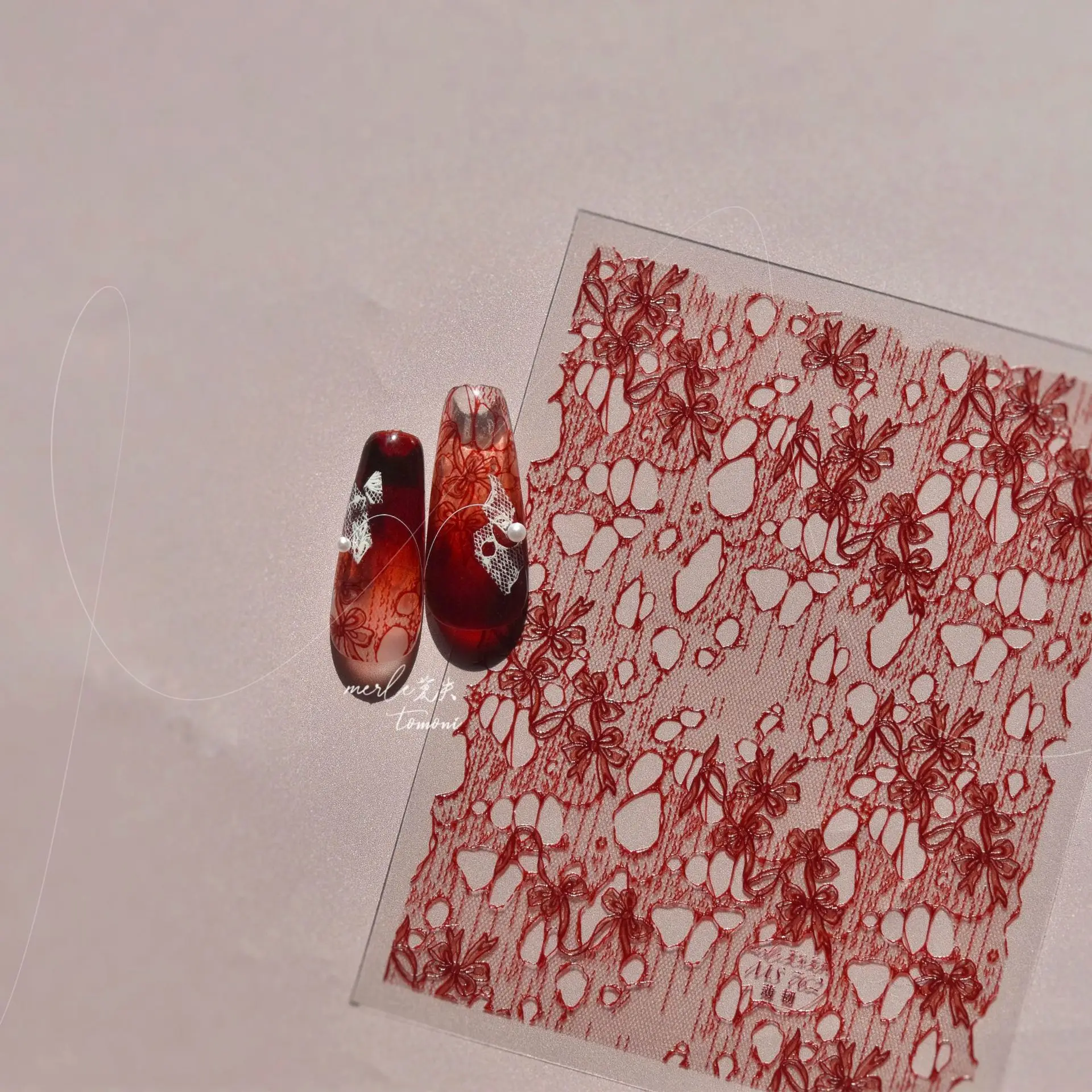 5D-Nagelkunst-Aufkleber mit Schleife, Spitze, Rot, Schwarz, Rosa, Linie, Seidenband, aushöhlen, glänzend, selbstklebend, zarte, elegante Nagel-Maniküre-Abziehbilder