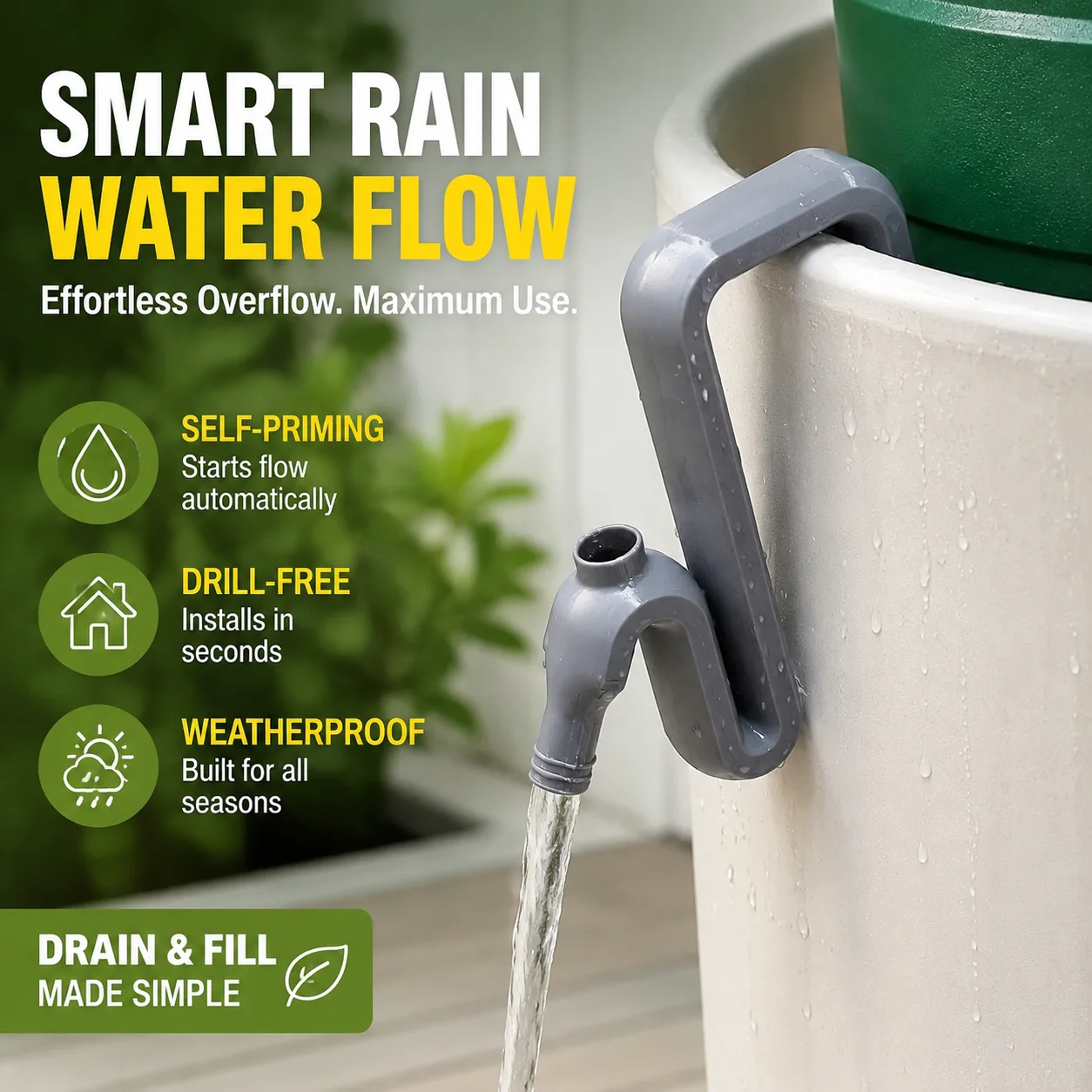 Rain Barrel Overflow Siphon Hose Kit Self-Priming for Stormwater Diversion, Drill-Free PLA Weatherproof Drain & Fill Tool