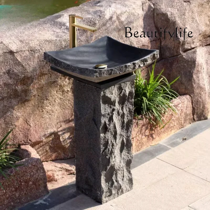 BJ Outdoor Stone Column Basin, Courtyard Floor-to-ceiling Wash Basin, Outdoor Light Luxury Stone Sink
