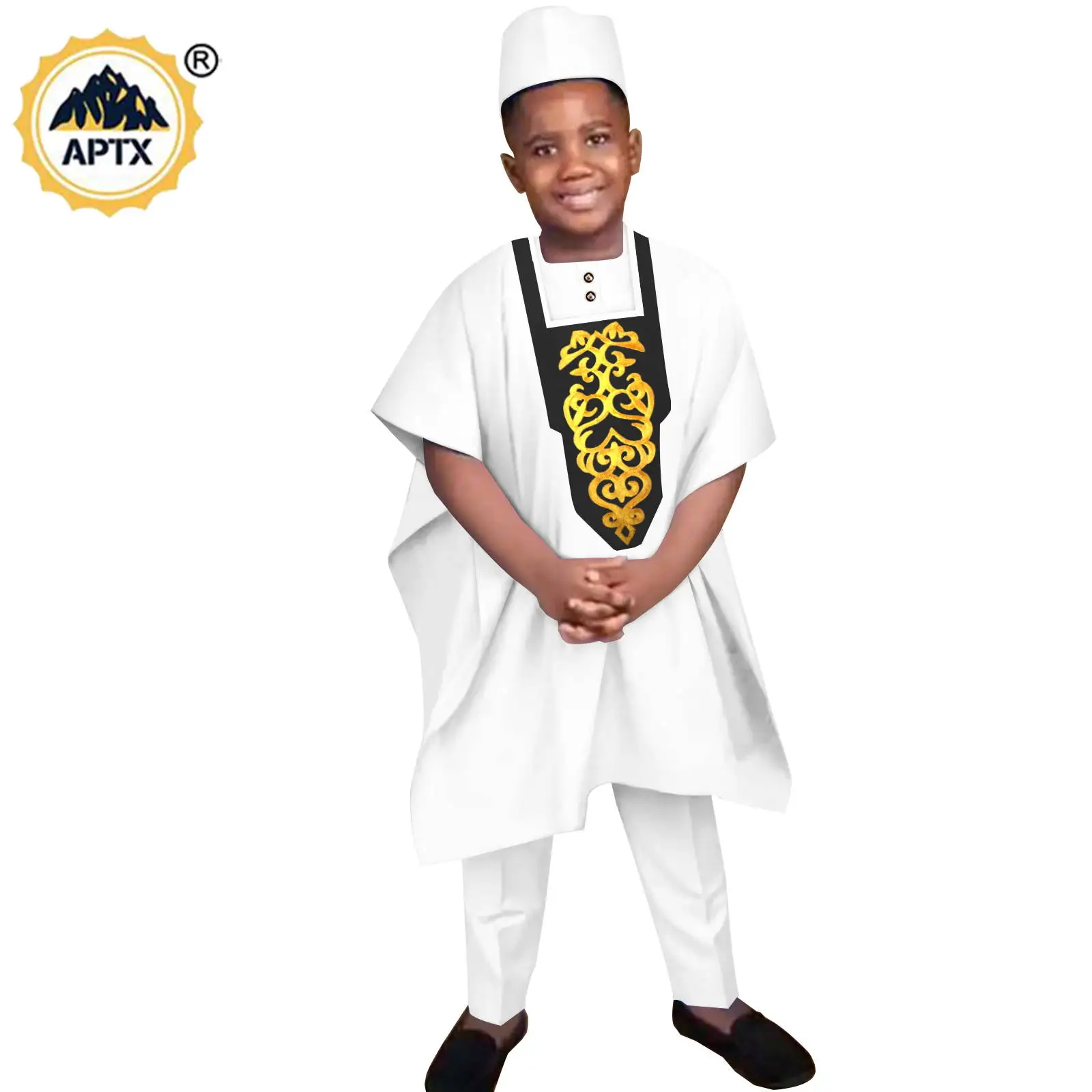 African Boy Appliques Short Sleeve Top Pant Robe Hat Suits Kid Outfits Dashiki Outfits Bazin Riche 4 Pieces Sets Y234020