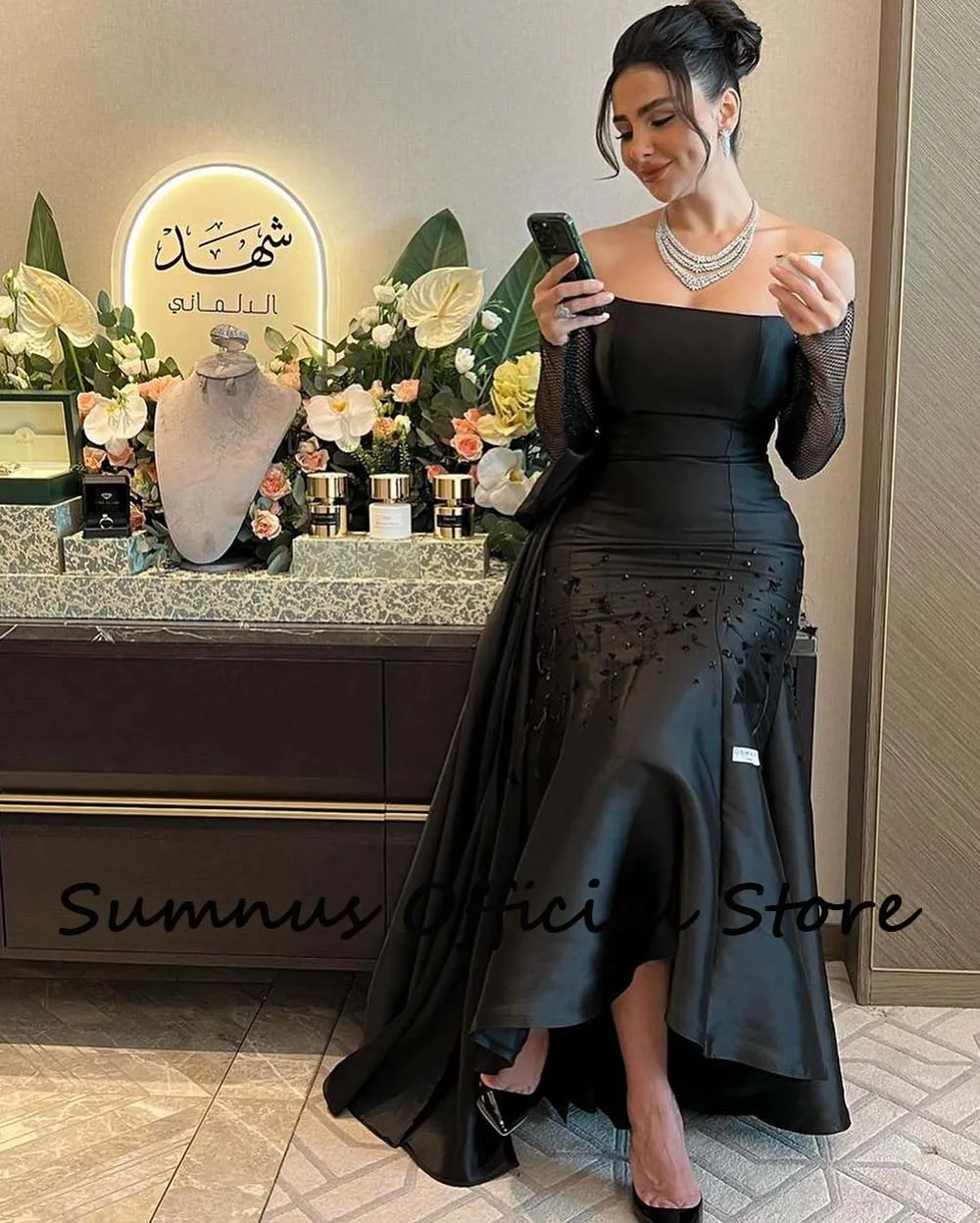 Sumnus-Black Mermaid Strapless Evening Prom Dresses, miçangas fora do ombro, cetim de manga comprida, árabe, Dubai Wedding Party Gowns, 2024