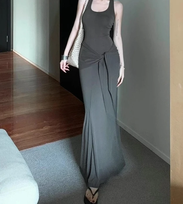 

Girls' Spring Dress with Belt To Cover Belly, Spicy Girl, U Neck, Slimming and Slimming, Tank Top, Strap Skirt