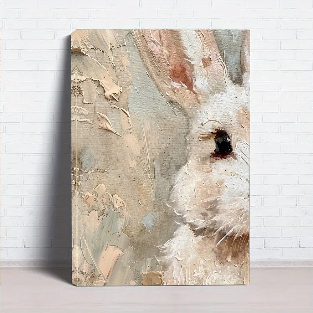 2D Flat, 2D Flat, 1pc Wooden Frame Canvas Painting | Pastel Bunny Painting Wall Art, Blush Spring White Bunny Vintage Easter
