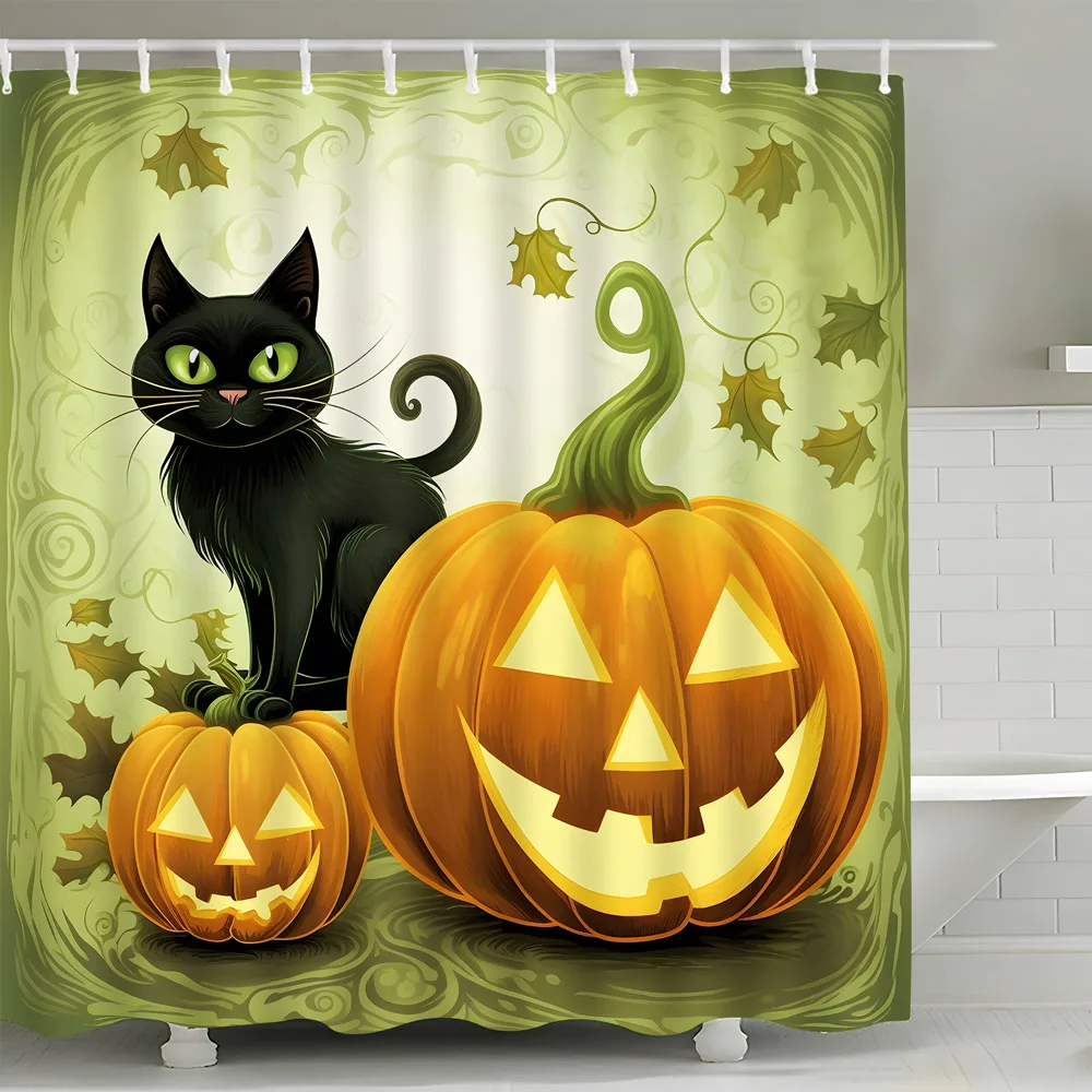 Halloween Shower Curtains Horror Blood Handprint Hazy Silhouette Help Me Skeleton Black Cat Pumpkin Lamp Bathroom Curtain Set