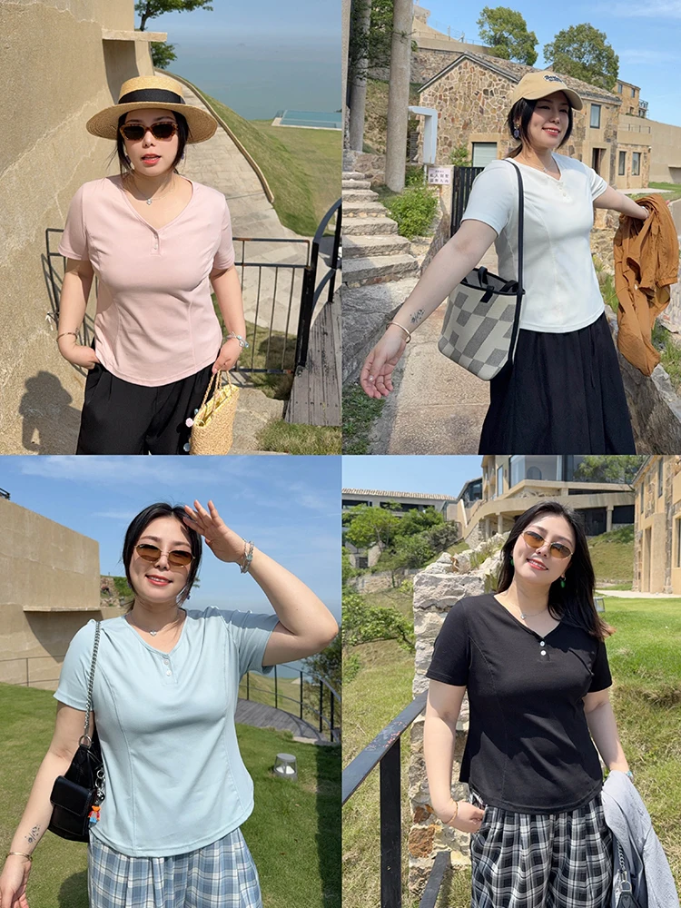 

VOGANA Large Size Women's ort Sve T-irt High Waist Simple Basic Color Summer Commute Sle Korean Loose Fit