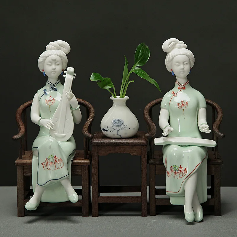 Handmade Ceramic Handicraft Ornaments Vintage Chinese Ladies Sculpture Ancient Maid Statue Flower Arrangement Home Decoration