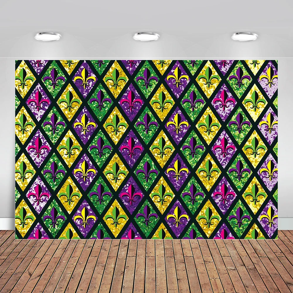 

Mardi Gras Backdrop Green Purple Golden Glitter Diamonds Photography Background Let's Get Cray March Party Masquerade Fleur