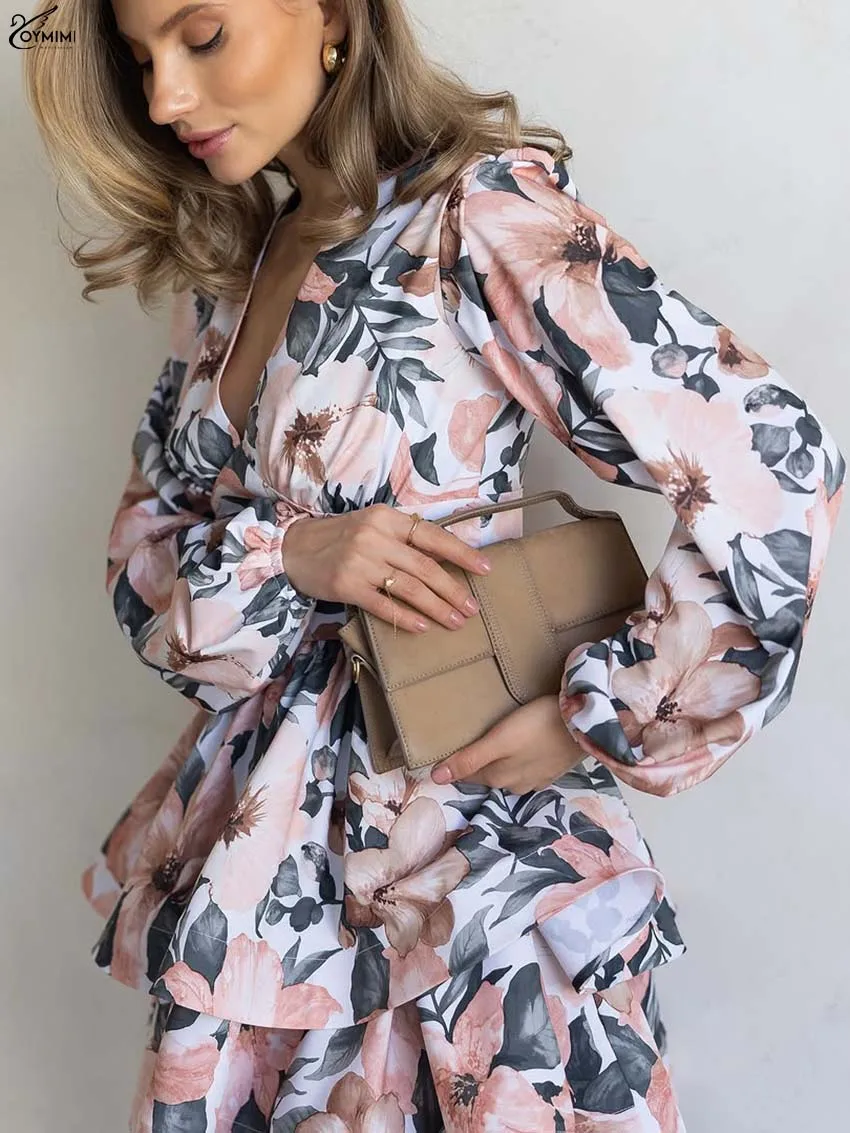 Oymimi élégant vert imprimé robes 2025 femme mode col en v à manches longues taille haute robes décontracté en cascade à volants Mini robe