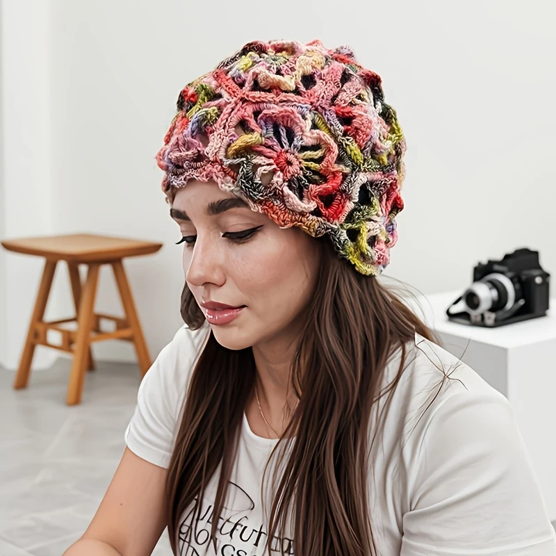 Multi-color Women Hollow-out Gradient Color Knit Beanie Autumn Winter Hand Seamless Pull-over Hat for Travel