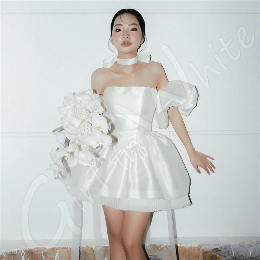 Short Mini Princess Wedding Dresses Satin Srtrapless Bridal Ball Gowns Detachable Lantern Sleeves Bride Robes customized 미니웨딩드레스