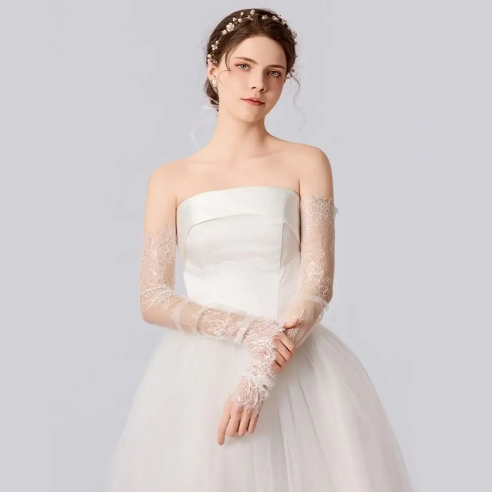 New Long Bridal Gloves White Black 65CM Wedding Arm Sleeves Hollow Out Sheer Lace Gloves Removable Banquet Fingerless Gloves