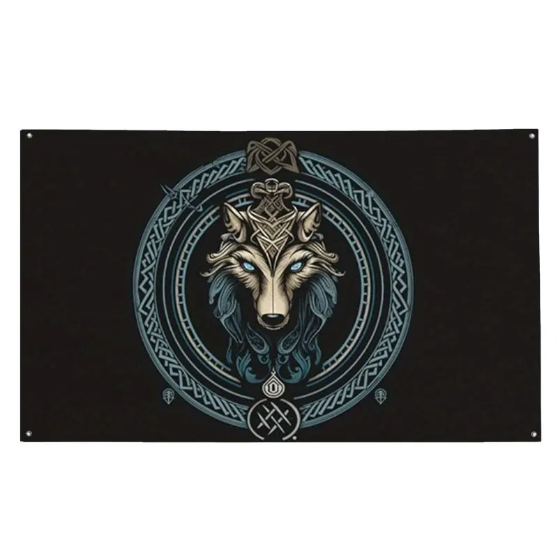 Mystic Wolf Head Tribal Tapestry Banner Flag Gothic Celtic Design Decor Norse Pagan Occult Art Biker Wall Hanging Print