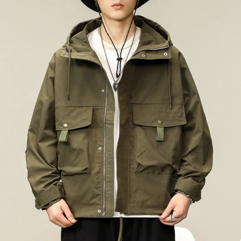 

Autumn new Japanese casual cargo jacket men's loose hooded hardshell jacket