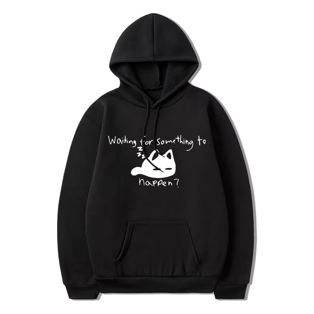OMORI Manga „Warte auf etwas“ Katzen-Print Hoodie Lustiger Katzenliebhaber Sweatshirt Harajuku Baumwoll-Pullover für Männer und Frauen