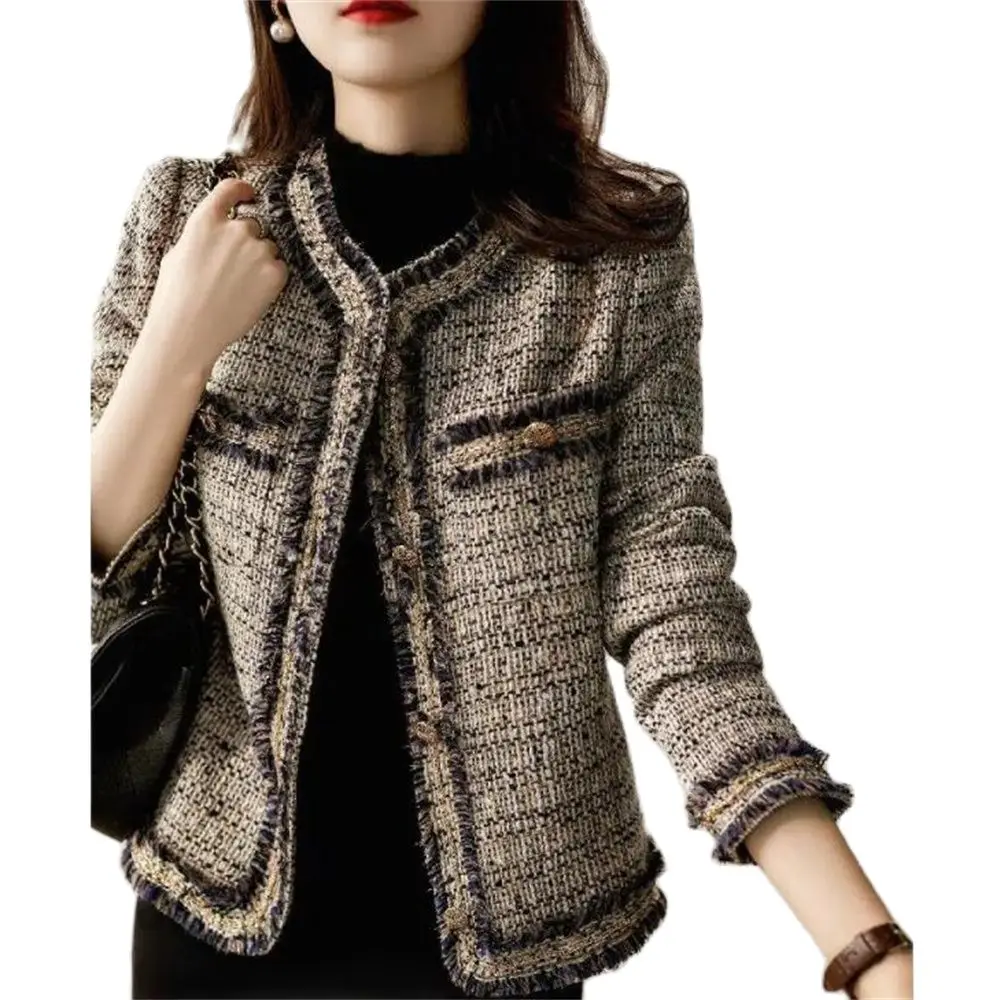 

Tweed Short Jacket Women Autumn Outerwear New High-End Ladies Temperament Tassel Retro Jacket Women Wool Blends Coats Spring 2XL