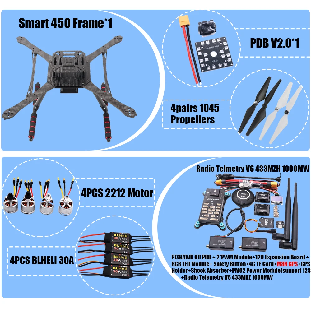 

PIXHAWK2.4.8 Комплект рамы из углеродного волокна Smart450 для управления полетом Ardupilot 100 МВт Радиотелеметрия Квадрокоптер BLHELI 30A ESC 2212 Двигатель