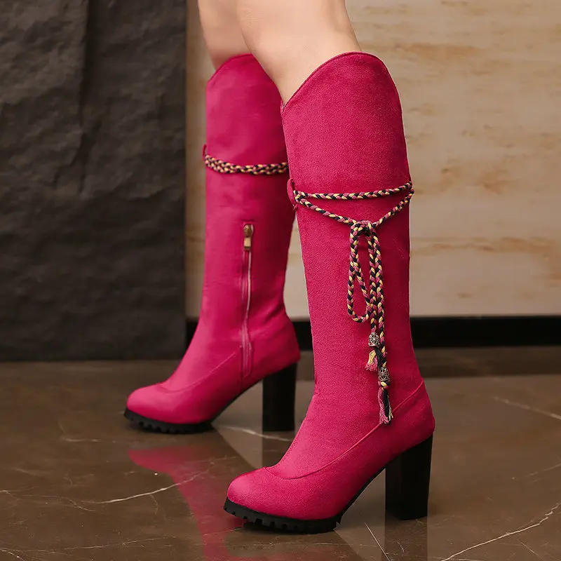 

Big Size 33-50 Rose Beige Color Knee-high Western Bohemian Women Boot Block High Heels Shoes With Cross-tied Fringes Boots