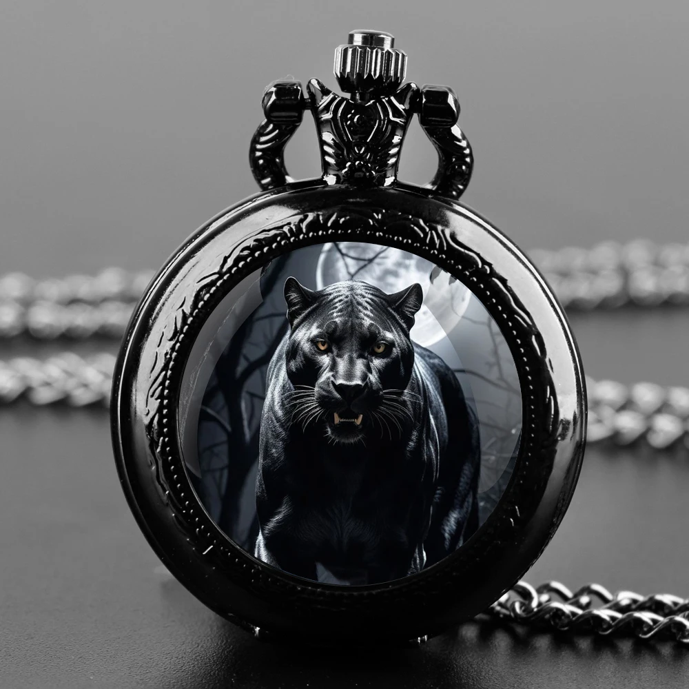 Panther Design Glass Dome Fashion Arabic Numerals Quartz Pocket Watch Necklace Pendant Chain Mens Women Gifts