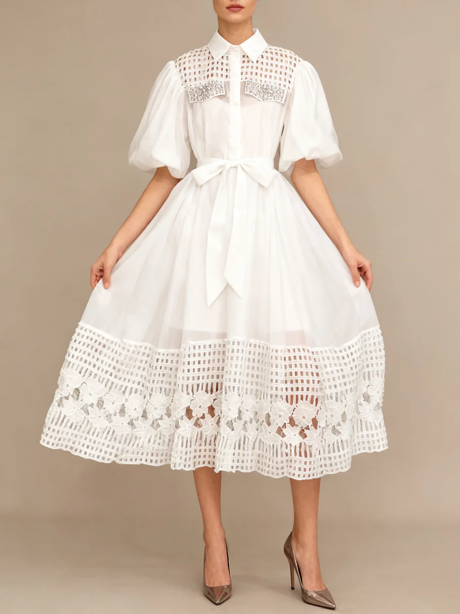 VGH elegante vestido Midi blanco de fiesta para mujer Laple media manga cintura alta Patchwork ahuecado vestidos florales ropa femenina