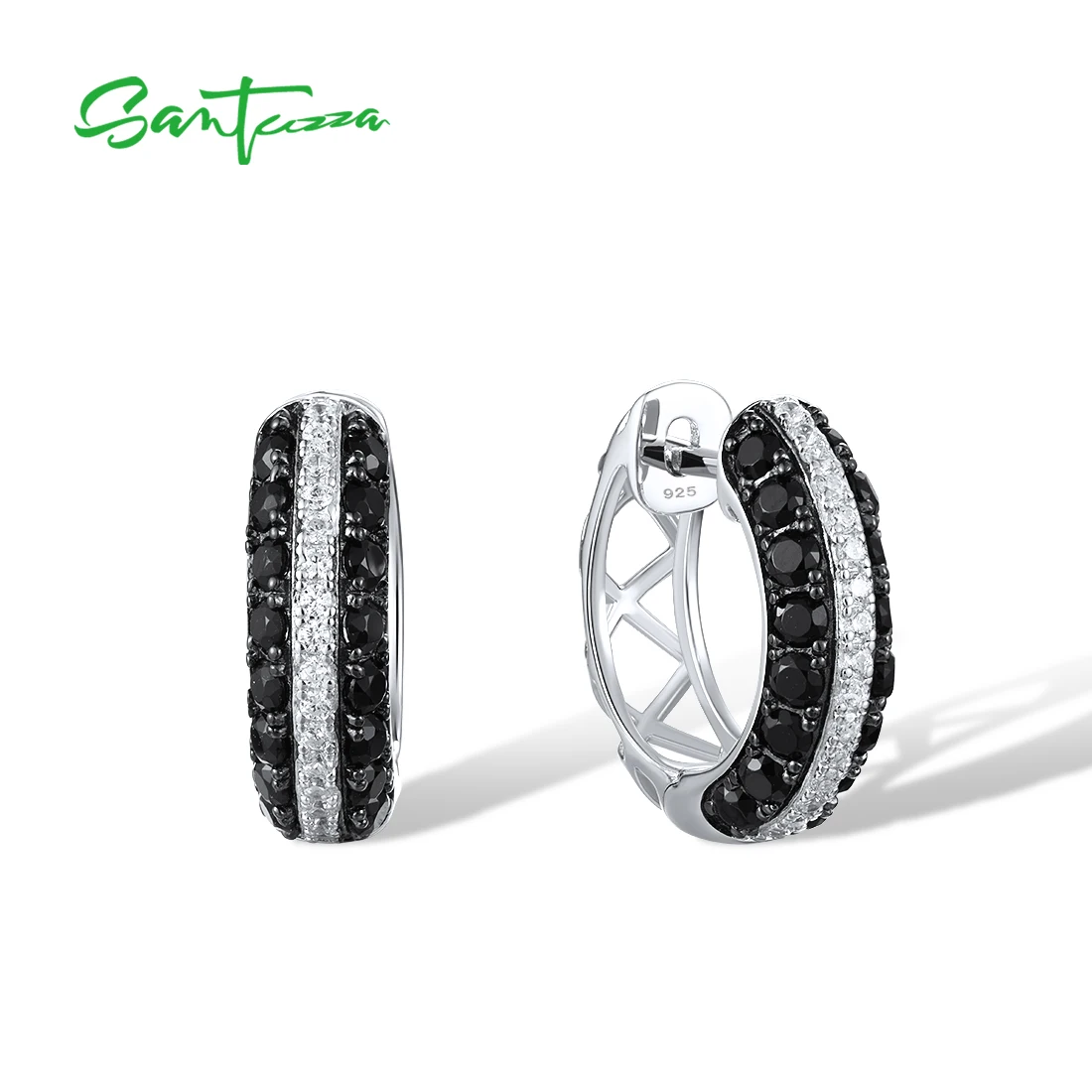 SANTUZZA Authentic 925 Sterling Silver Hoop For Women Black Spinel White Cubic Zirconia Classic Party Delicate Fine Jewelry