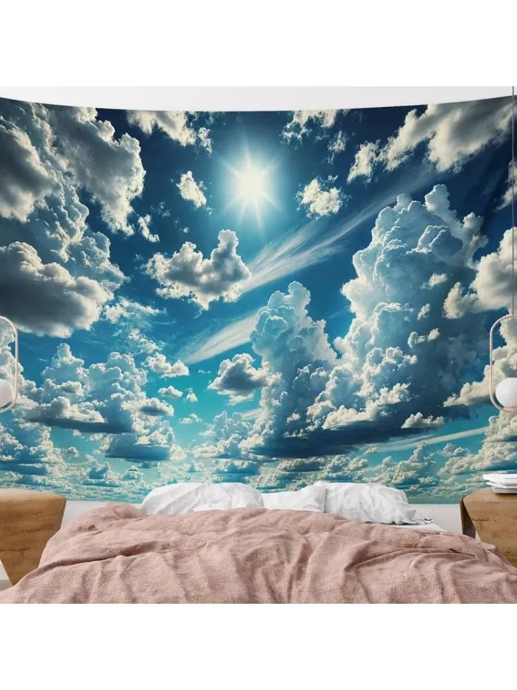 Blue Sky Clouds Tapestry, Realistic Nature Wall Hanging for Bedroom Ceiling Decor, Dreamy Aesthetic Dorm Room Art Gift