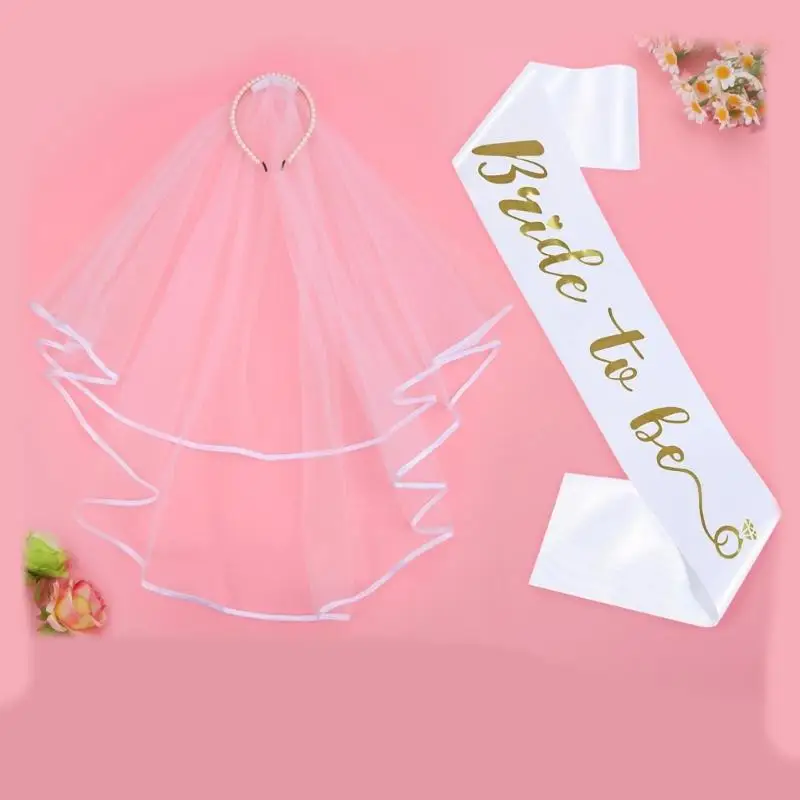 A52E Bride Photo Styling Set with Tulle Hairpiece and White Sash Look