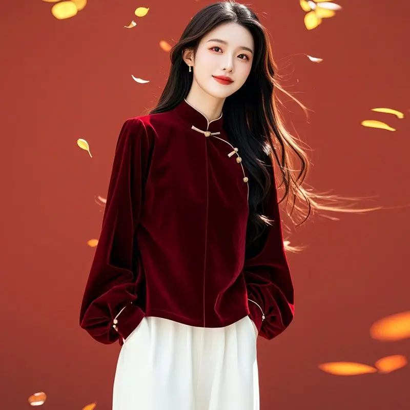 

Fashionable New Chinese Style Burgundy Gold Velvet Button-down Shirt for Women Autumn and Winter 2025 Retro Pullover TT662