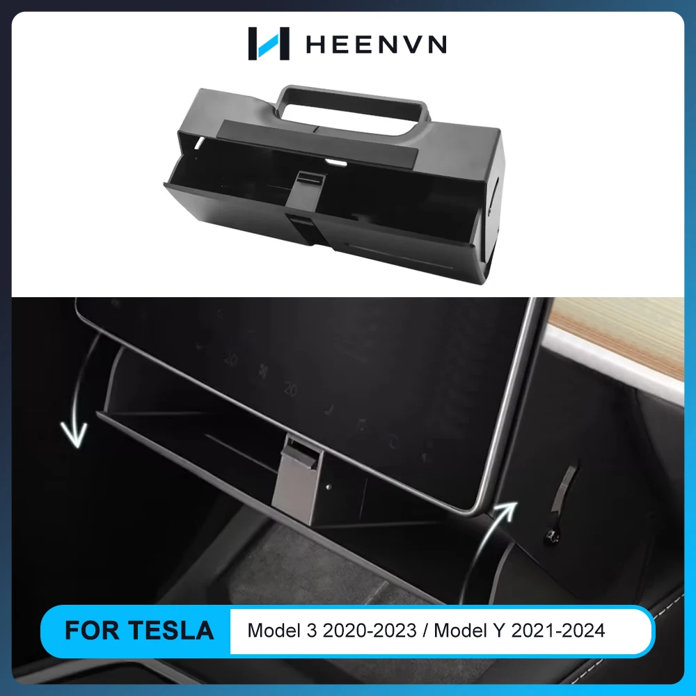 Heenvn Hidden Under Screen Storage Box For Tesla Model 3 2020-2023 Model Y 2021-2024 Magnetic Center Console Dashboard Organizer