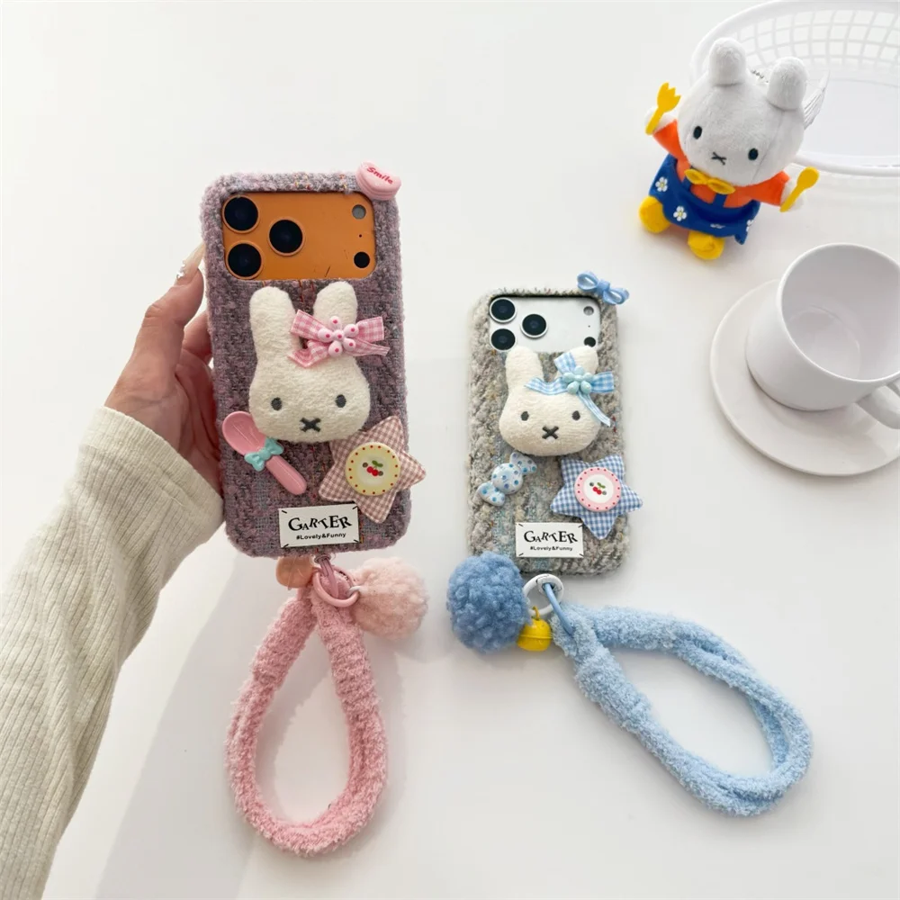 شتاء دافئ أفخم الأرنب الكرتون قضية الهاتف آيفون 16 برو ماكس 17 14 15 برو غطاء فروي الغطاء الواقي للفتيات Funda كابا