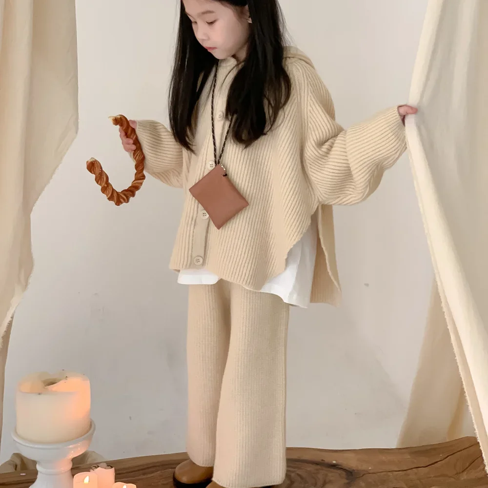 Girls Two-piece Set 2024 Autumn New Childrens Clothes Baby Girls Korean Style Solid Color Knitted Wool Two-piece Set Leisure