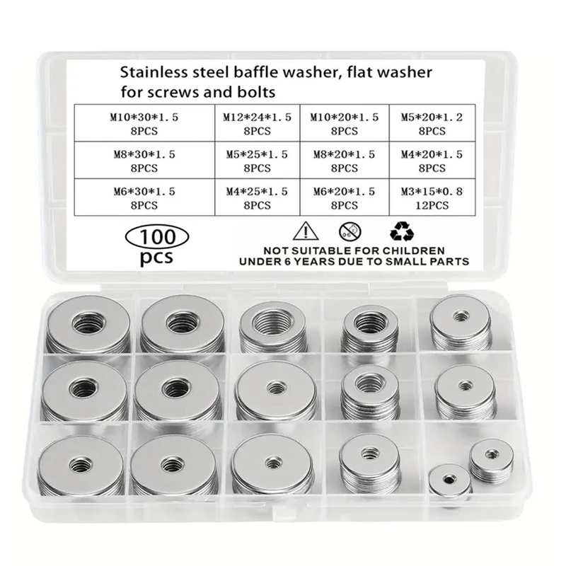 ●1 Set 100pcs Stainless Steel Washers Kit for Screws and Bolts, Assorted Sizes M3-