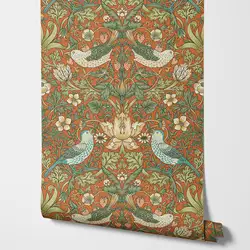 Strawberry Thief Flower Wallpaper in vintage Orange, Wall Paper with cheeky birds feasting on nature's bounty