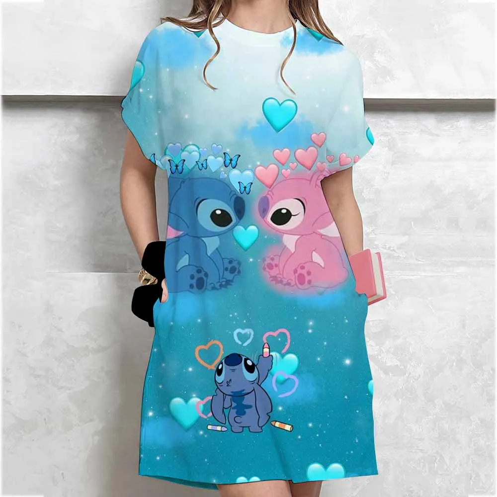 Women's summer casual loose Disney Stitch cartoon print round neck short sleeved T-shirt dress