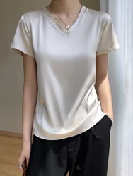 Summer Women's T-shirt Korean Fashion Satin V-neck Tees Short-sleeved Casual LOOSE Solid Champagne White Silk T-shirts Women