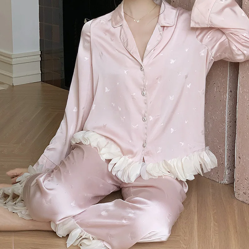 Black Print Women Silk Ruffles Long Flare Sleeve Princess Pyjama Femme Sleepwear Loungewear Sweet Girls Nightwear Two Piece Sets