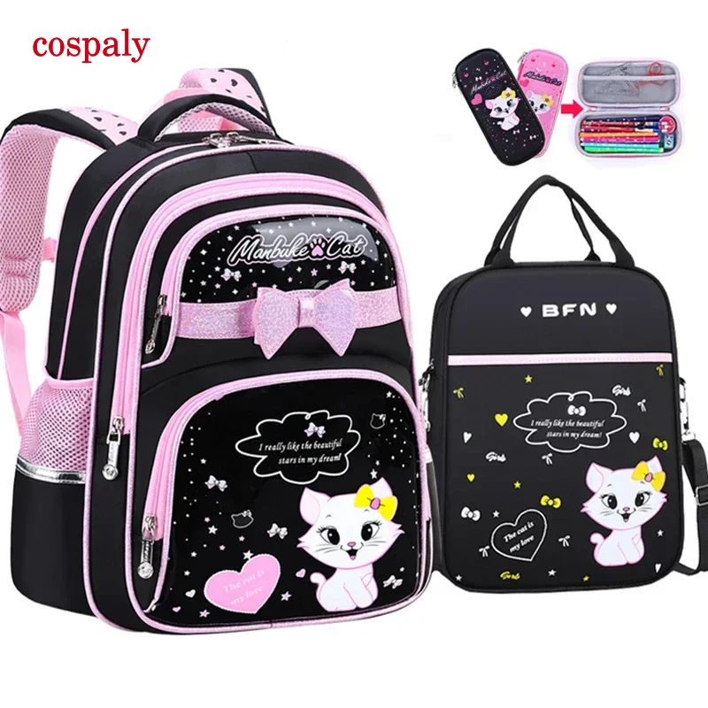 New Korean Primary PU Leather School Bag 2020 Fashion Cute Girls With Cute Cat Orthopaedic  Waterproof Backpack