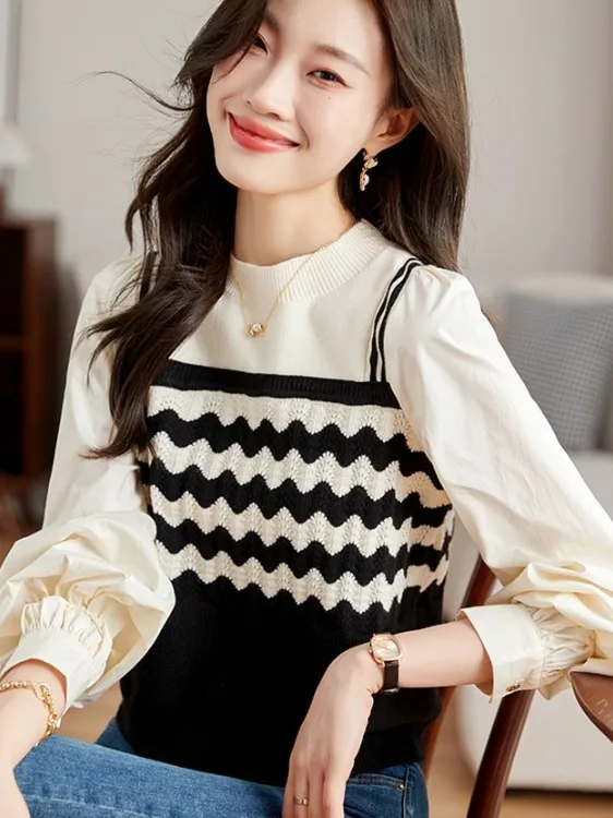 

Slimming Long Sve Striped Knitwear Women's Design Sense Outlet Faion Casual Wear V-Ne Knitted Top Fem Faion