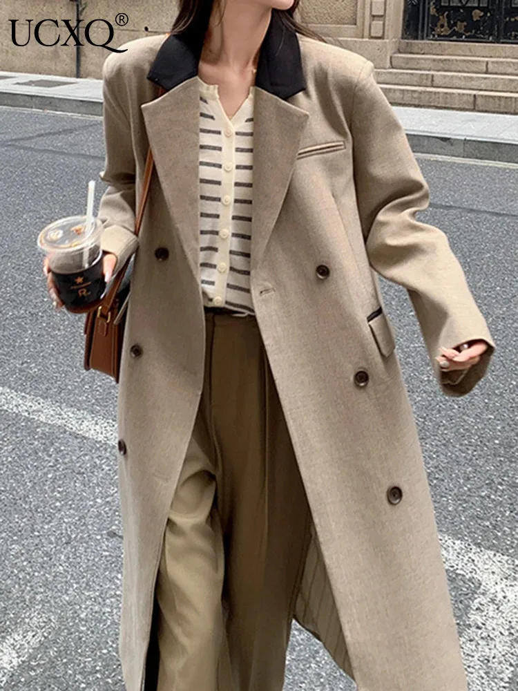 

UCXQ Fashion Long Jacket Streetwear Contrasting Double Breasted Loose All Match Elegant Trench Coat Women 2024 Spring Autumn 971