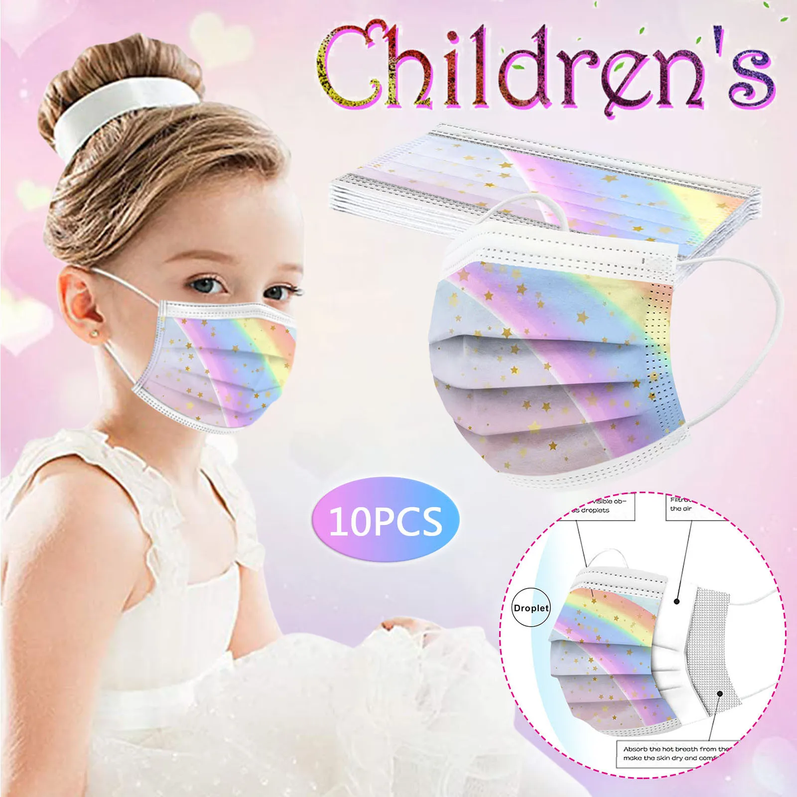Colorful Print Mask Kids 10pcs Pack Protective Face Mask Breathable Disposable Cover Disposable Protection Cover Girls Boys T1