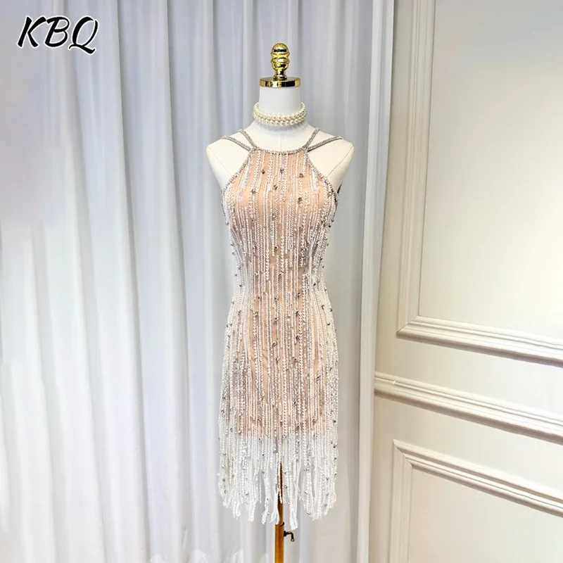 

KBQ High End Temperament Slimming Evening Dresses for Women Round Neck Sleeveless Backless elegant Tassel Edge Dress Female New