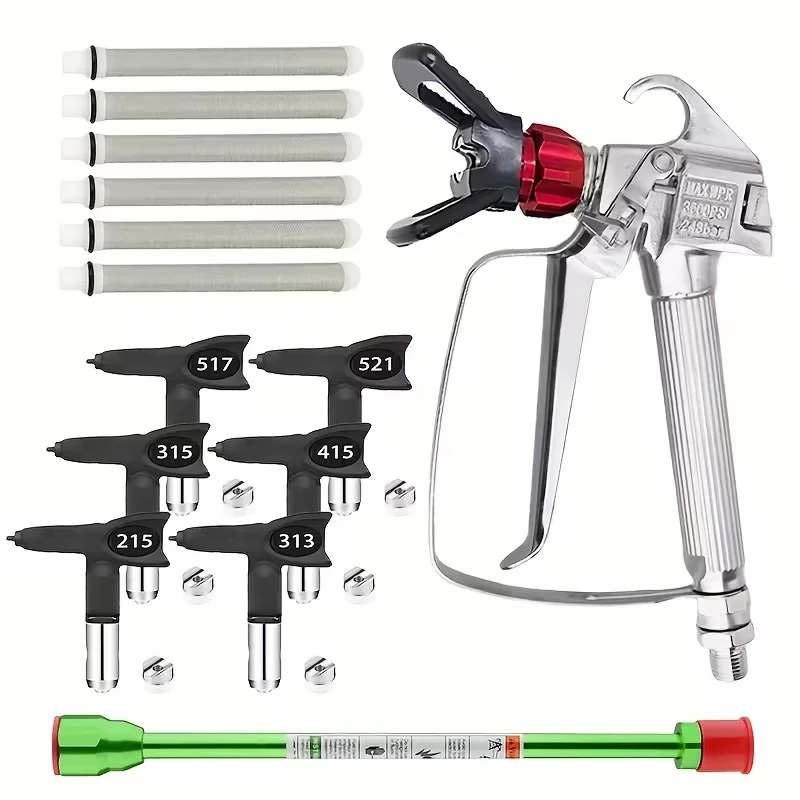 Airless Paint Spray Gun Kit,1 Extension Rod,1 Tip Guard,6 Spray Tips(215/313/315/415/517/521),6 Seals,6 Filters Complete Sprayer