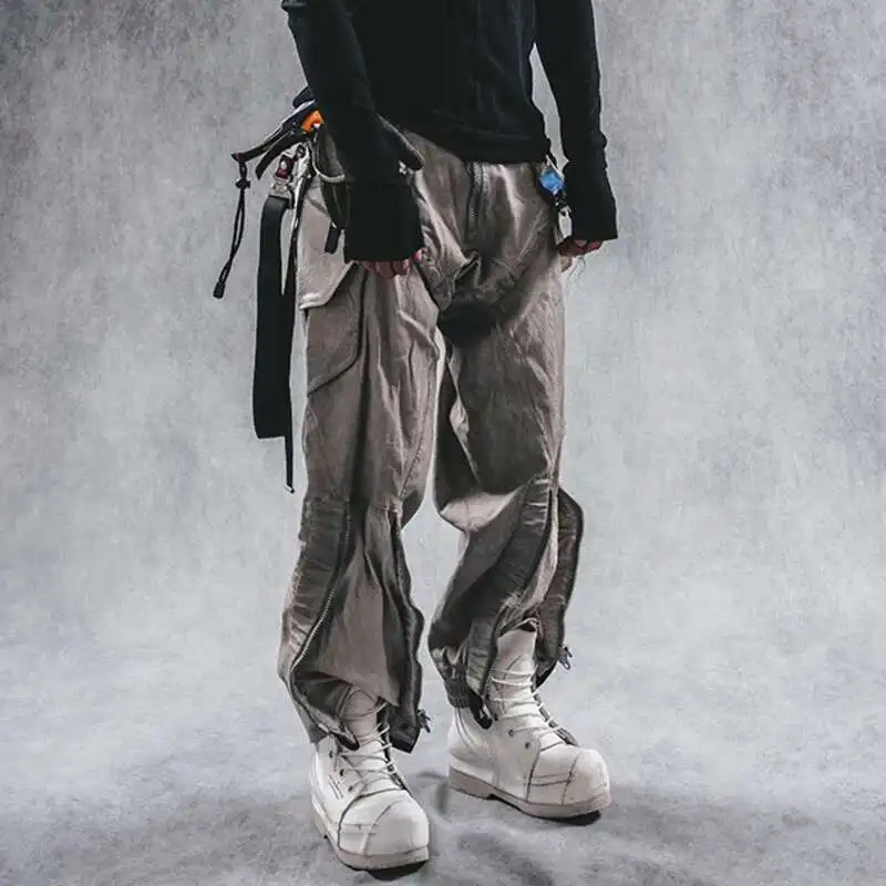 HKSH ربيع جديد الرجال المد غسل النفايات الأرض جيوب داكنة واسعة الساق قابل للتعديل فضفاض عادية الثقيلة سفاري نمط البضائع السراويل HK3905 #3