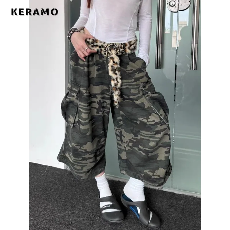 American Retro High Waist Camouflage Jeans Women Pockets Hip-hop Shorts 2024 Summer Casual Y2K Grunge Street Washed Denim Shorts