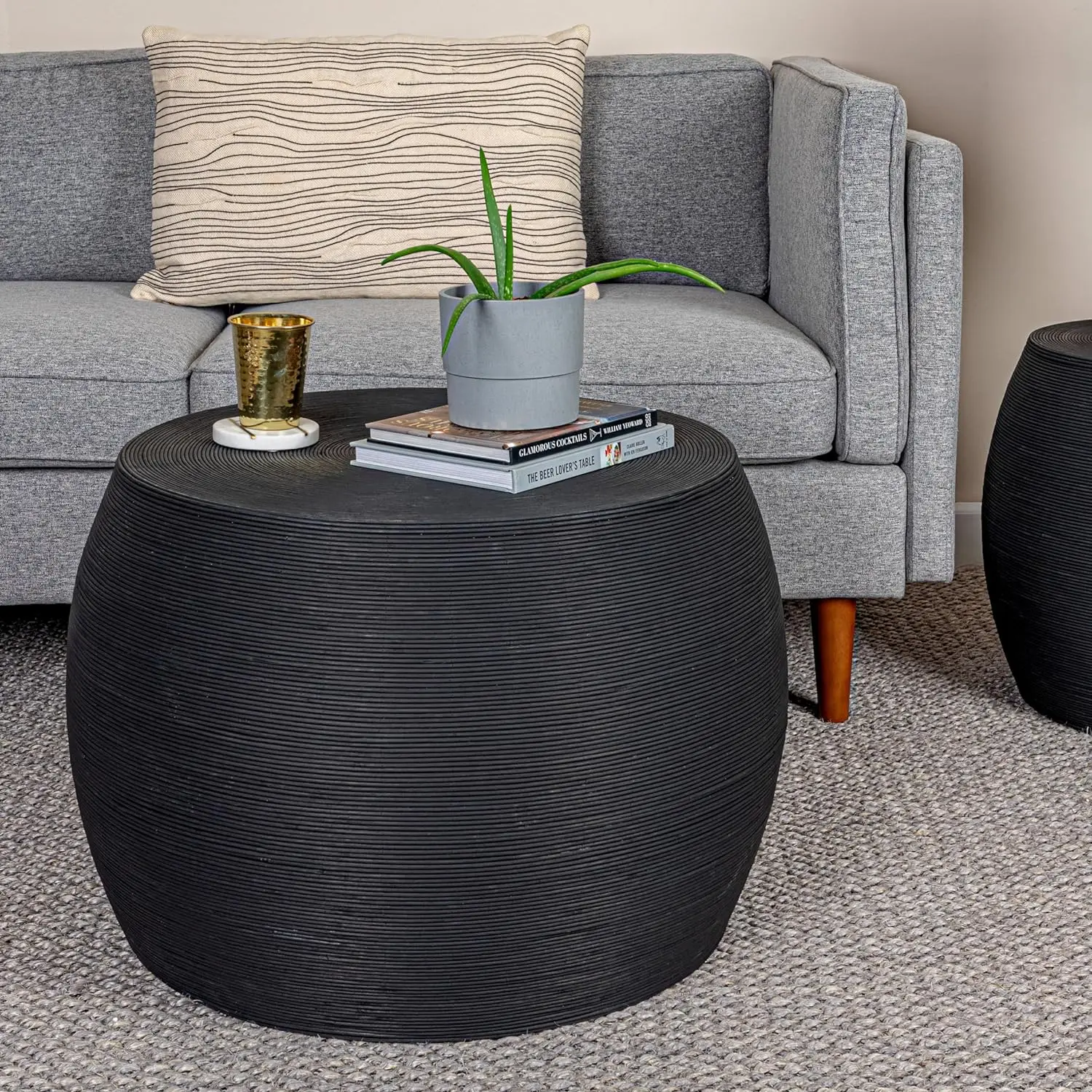 

Creative Co-Op, Black Round Bamboo Rattan Barrel Coffee Table