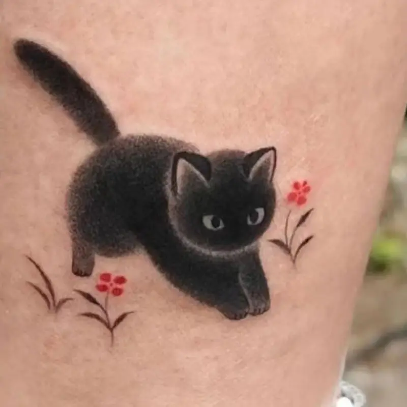 Black Cat Tattoo Stickers para homens e mulheres, desenhos animados falsos, impermeável, duradouro, bonito, arte do braço, tatuagens temporárias