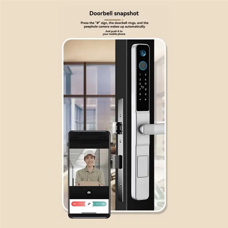 B44C Tuya Wifi Smart Door Lock With Integrated Camera Fingerprint Recognition RFID Password Access Sliding Security Peephole Doo